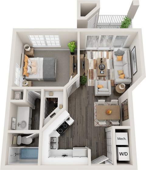 Floor plan for 1 bed, 1 bath, 630 sqft